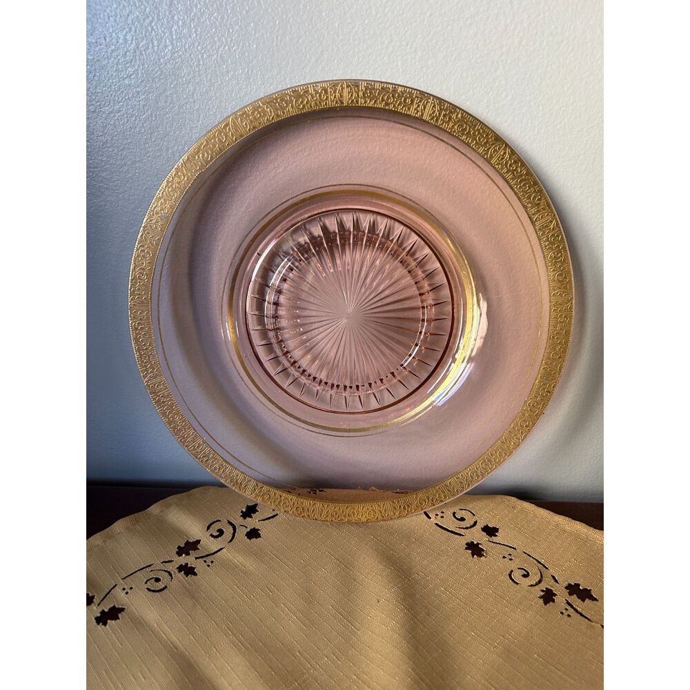 Tiffin Franciscan Rambler rose pink depression glass 10" plate with gold trim